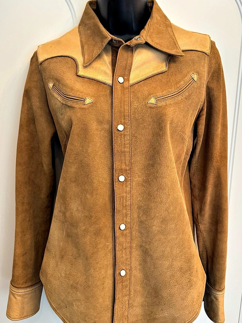 Lucky Brand M Brown Suede Leather Western Shirt Jacket Pearl Snap Y2K